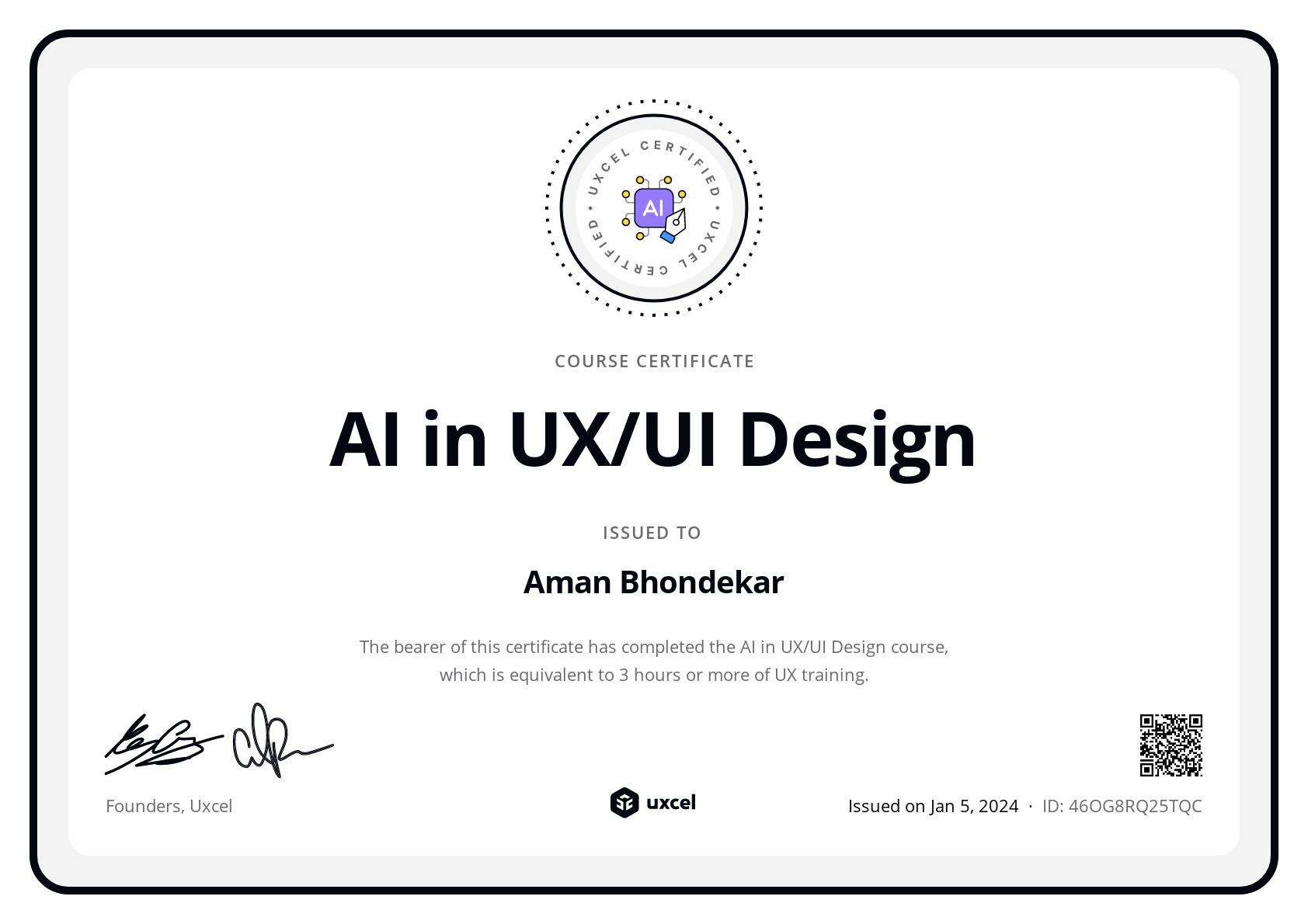 Aman Bhondekar's certificate